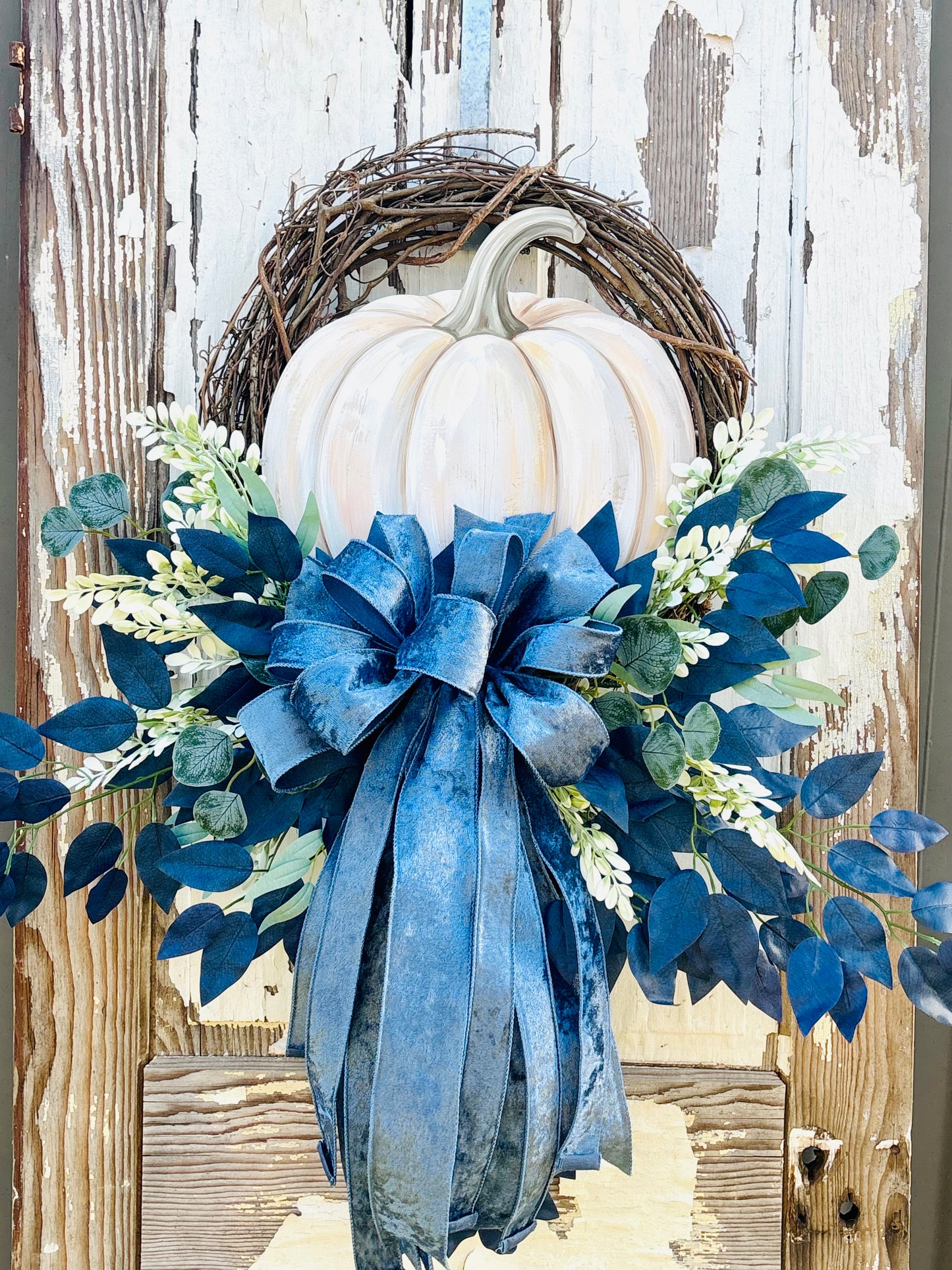 Cream & Smokey Blue fall Pumpkin Wreath